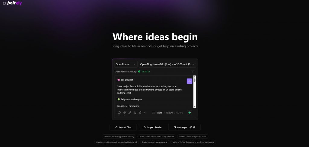 Cette capture présente le panneau de contrôle de Bolt.diy, une interface de gestion centralisée des intégrations et services.
On y retrouve plusieurs tuiles bien organisées :
