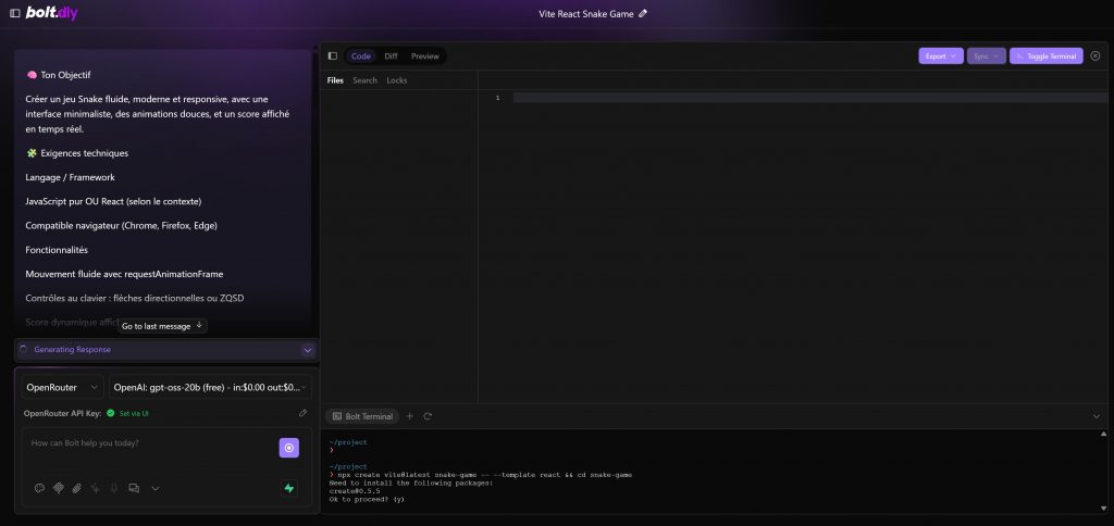 Cette capture présente le panneau de contrôle de Bolt.diy, une interface de gestion centralisée des intégrations et services.