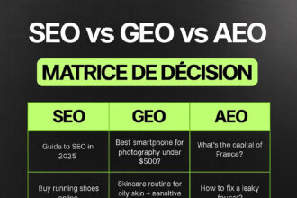 Trois grandes catégories de requêtes dominent aujourd’hui : SEO (Search Engine Optimization), GEO (Geographic Search Optimization) et AEO (Answer Engine Optimization). Chacune a ses spécificités, ses objectifs et ses stratégies d’optimisation distinctes.