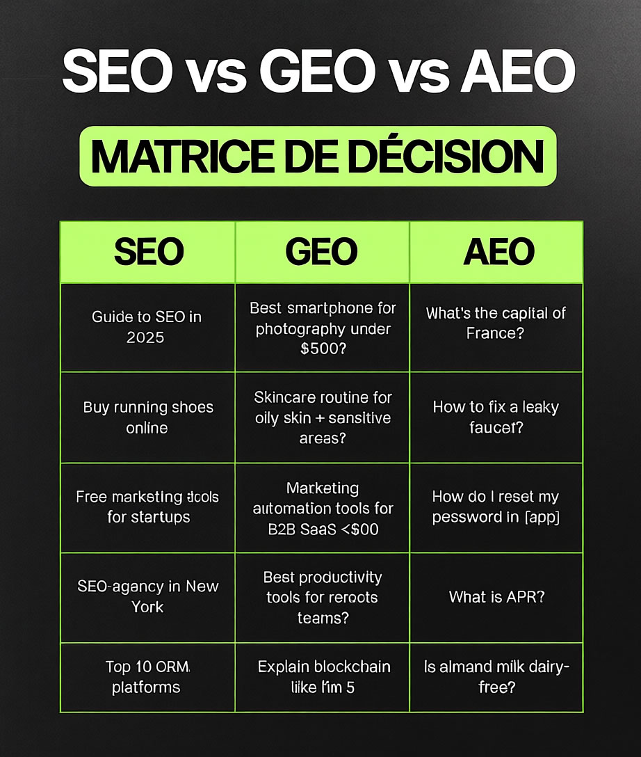 Trois grandes catégories de requêtes dominent aujourd’hui : SEO (Search Engine Optimization), GEO (Geographic Search Optimization) et AEO (Answer Engine Optimization). Chacune a ses spécificités, ses objectifs et ses stratégies d’optimisation distinctes.