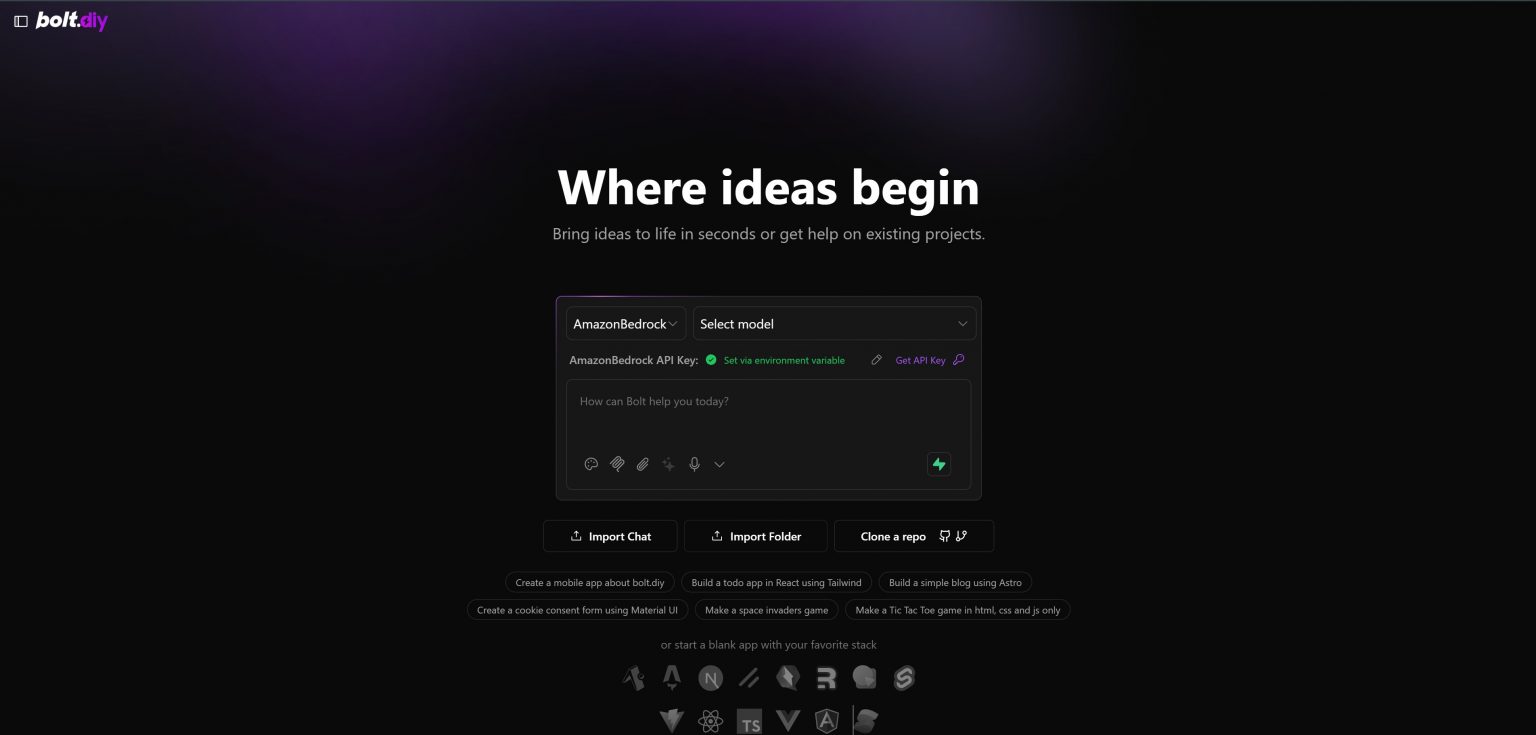 l’écran d’accueil de Bolt.diy,