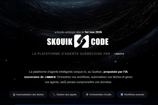 Lancée par Mak3it IA Technologie Inc., SKOUIK CODE se définit comme la plateforme d’agents québécoise. Son accès anticipé est prévu pour le 1er mai 2026. La mission est claire : orchestrer vos workflows, automatiser vos tâches et gérer vos agents SKOUIK, sans jamais compromettre vos données.