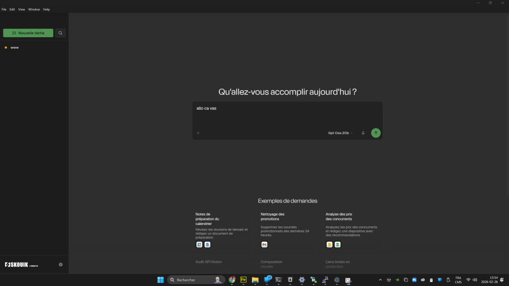 Voici le tableau de bord de l’agent Skouik, qui peut interagir avec votre ordinateur pour devenir l’assistant idéal des professionnels. Nous développons actuellement la version bêta.